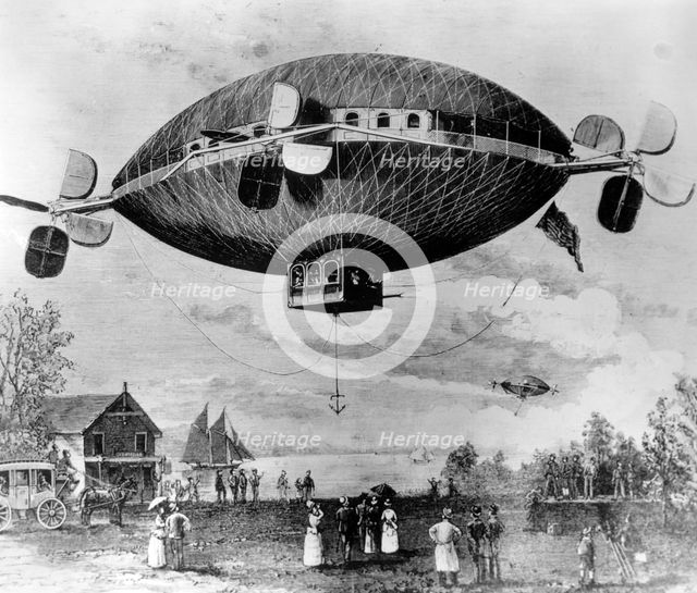 Spheroid dirigible airship dropping anchor, c1887. Creator: Unknown.