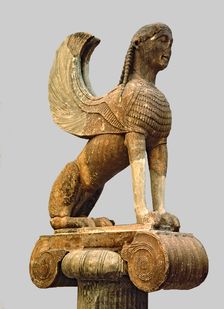 Sphinx of Naxos resting on an Ionic capital, from Delphi