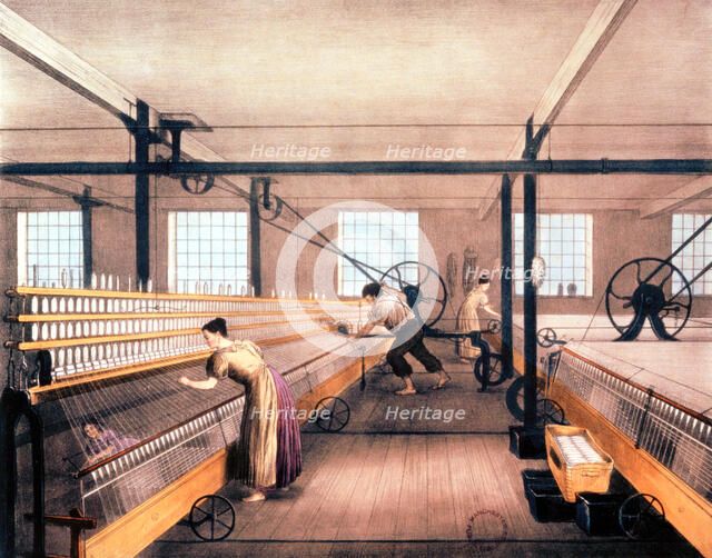 Spinning cotton with self-acting mules of the type devised by Richard Roberts in 1825 (c1835). Artist: Unknown