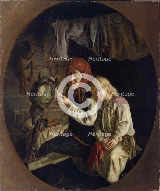 Spinning lesson, 1859. Artist: Myasoedov, Grigori Grigoryevich (1834-1911)