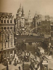 Spire of St. Martin's Ludgate Silhouetted Against The Bulk of St. Paul's c1935. Creator: Unknown