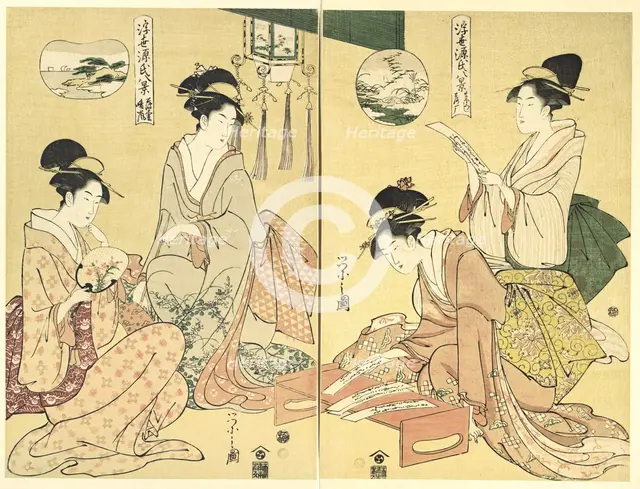 Spirit Summoner; Wild Geese Returning Home (Maboroshi; Rakugan) (right) and A Thin Veil..., 1797-99. Creator: Hosoda Eishi.