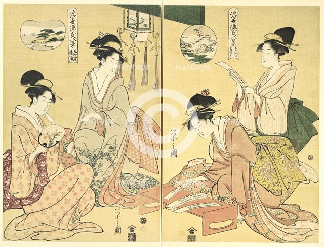 Spirit Summoner; Wild Geese Returning Home (Maboroshi; Rakugan) (right) and A Thin Veil..., 1797-99. Creator: Hosoda Eishi.