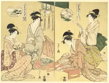 Spirit Summoner; Wild Geese Returning Home (Maboroshi; Rakugan) (right) and A Thin Veil..., 1797-99. Creator: Hosoda Eishi