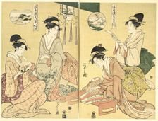 Spirit Summoner; Wild Geese Returning Home (Maboroshi; Rakugan) (right) and A Thin Veil..., 1797-99. Creator: Hosoda Eishi