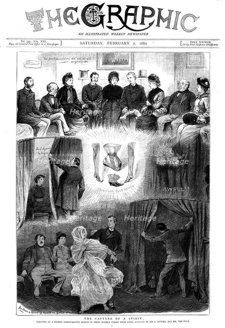 Spirit unmasked at a London séance, 1880. Artist: Unknown