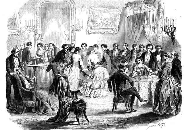 Spiritualist meeting in a Paris drawing room, 1853. Artist: Unknown