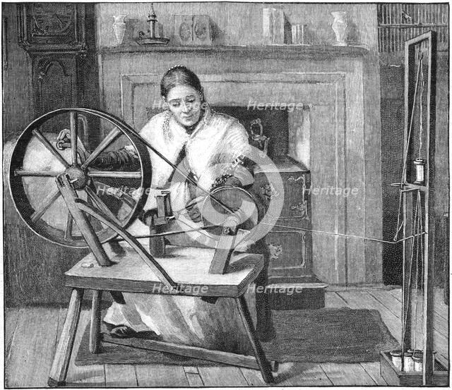 Spitalfields silk worker winding silk in her cottage, London, England, 1893. Artist: Unknown