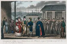 Splendid Jem amongst the convicts in the Naval Dock Yard at Chatham, Kent, 1821. Artist: Isaac Robert Cruikshank