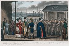 Splendid Jem amongst the convicts in the Naval Dock Yard at Chatham, Kent, 1821. Artist: Isaac Robert Cruikshank