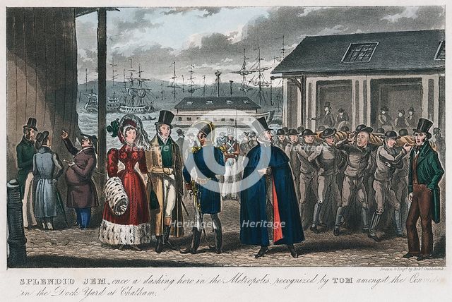 'Splendid Jem' amongst the convicts in the Naval Dock Yard at Chatham, Kent, 1821. Artist: Isaac Robert Cruikshank