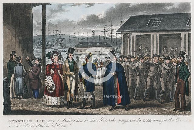 'Splendid Jem' amongst the convicts in the Naval Dock Yard at Chatham, Kent, 1821. Artist: Isaac Robert Cruikshank