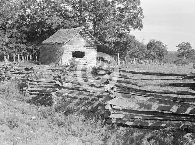 Split-log fence, North Central Arkansas along U.S. 62, 1938. Creator: Dorothea Lange.