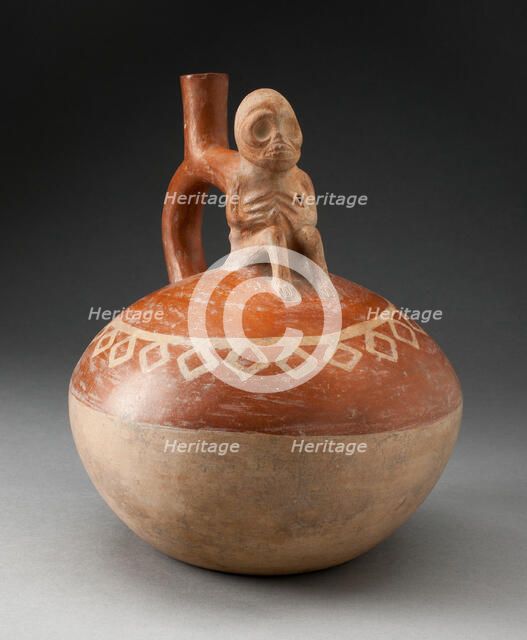 Spout Vessel with Skeletal Figure Seated Attached to Handle, 100 B.C./A.D. 500. Creator: Unknown.
