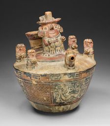 Spouted Bottle with Modeled Scene Depicting a Drinking Ceremony or Offering RItual, A.D. 1/700. Creator: Unknown