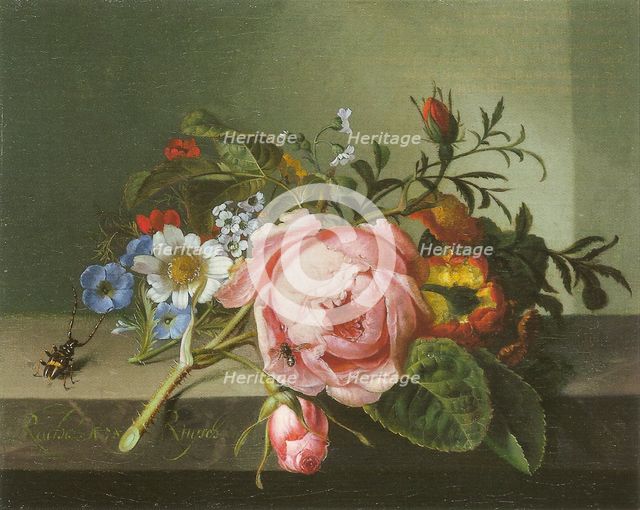 Spray of flowers, with a beetle on a stone balustrade, 1741. Creator: Rachel Ruysch.