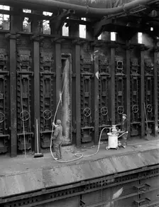 Spraying refractory linings at Manvers coking works, near Rotherham, South Yorkshire, 1963. Creator: Michael Walters