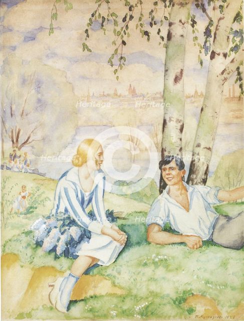 Spring on the riverbank, 1927. Artist: Kustodiev, Boris Michaylovich (1878-1927)