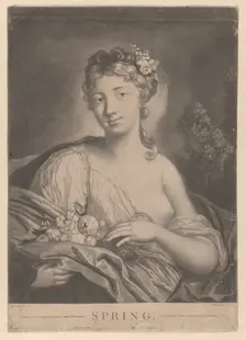 Spring: a young woman holding flowers in her cloak, 1775. Creator: Richard Houston