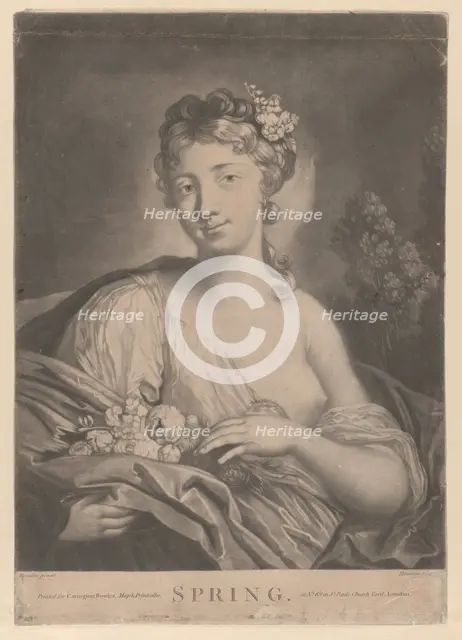 Spring: a young woman holding flowers in her cloak, 1775. Creator: Richard Houston.