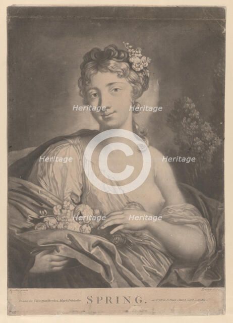 Spring: a young woman holding flowers in her cloak, 1775. Creator: Richard Houston.