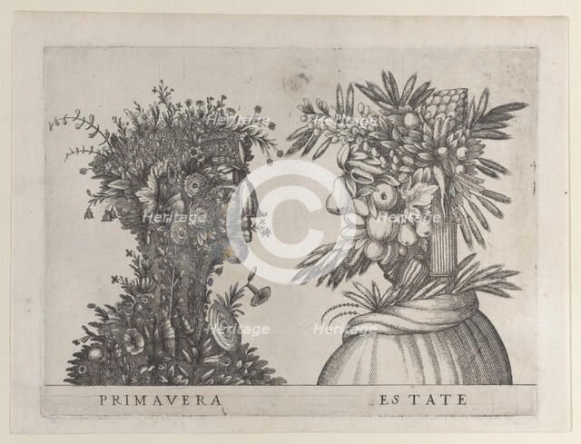 Spring and Summer: two heads made from flora typical of those seasons, ca. 1580-1620., ca. 1580-1620 Creator: Anon.