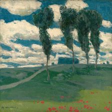 Spring landscape with poplar trees, 1914-1920. Creator: Alois Kalvoda