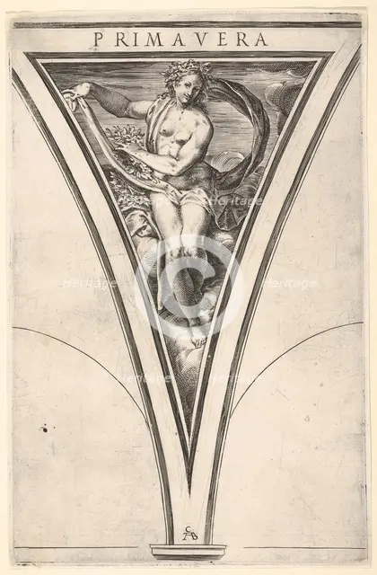Spring (Primavera) represented as a woman bearing a billowing drape and garlands..., ca. 1570-1615. Creator: Cherubino Alberti.