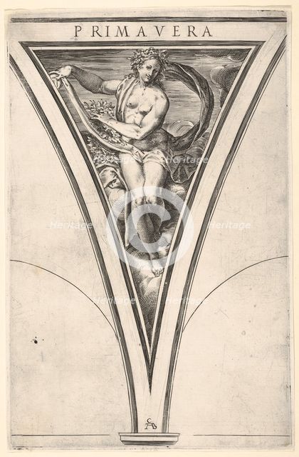 Spring (Primavera) represented as a woman bearing a billowing drape and garlands..., ca. 1570-1615. Creator: Cherubino Alberti.