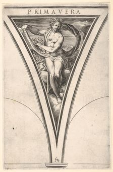 Spring (Primavera) represented as a woman bearing a billowing drape and garlands..., ca. 1570-1615. Creator: Cherubino Alberti