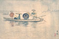 Spring Rain near the Great Riverbank: A Crossing Ferry Boat, c1884. Creator: Kobayashi Kiyochika