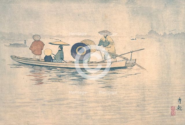 Spring Rain near the Great Riverbank: A Crossing Ferry Boat, c1884. Creator: Kobayashi Kiyochika.