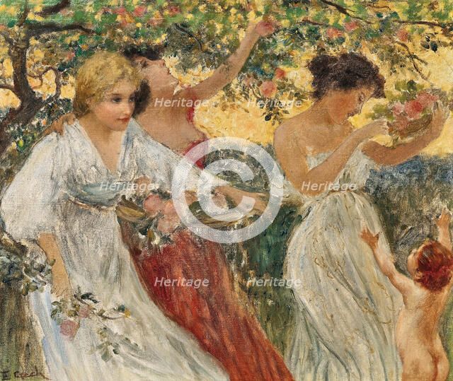 Spring, three graces under a blossoming tree. Creator: Czech, Emil (1862-1929).