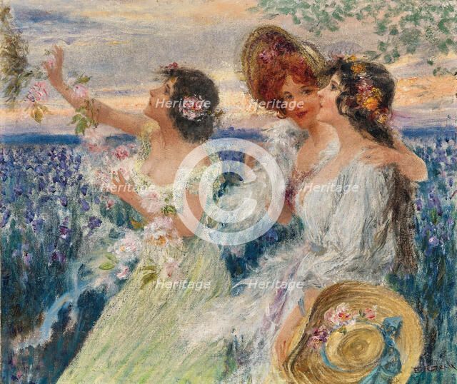 Spring, three ladies in front of a field of lilies. Creator: Czech, Emil (1862-1929).