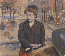 Spring; Young girl with a pram, 1910. Creator: Peter Hansen