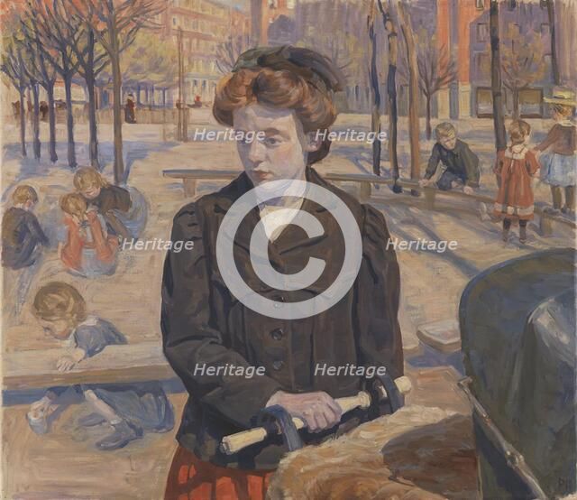 Spring; Young girl with a pram, 1910. Creator: Peter Hansen.
