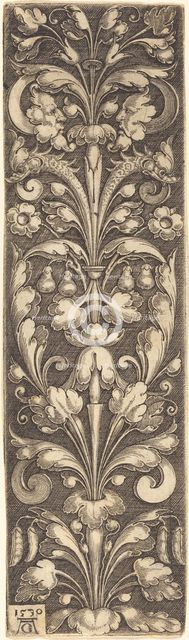 Sprig of Ornamental Foliage with Two Masks and Two Dolphins, 1530. Creator: Heinrich Aldegrever.