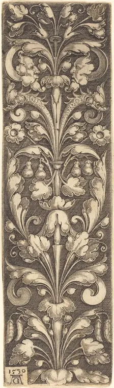 Sprig of Ornamental Foliage with Two Masks and Two Dolphins, 1530. Creator: Heinrich Aldegrever