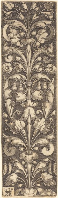 Sprig of Ornamental Foliage with Two Masks and Two Dolphins, 1530. Creator: Heinrich Aldegrever