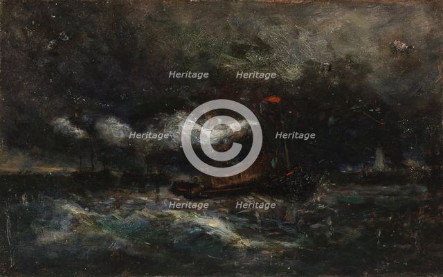 Squall, Brenton Light (boat in storm, lighthouse in background), n.d. Creator: Edward Mitchell Bannister.
