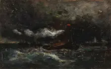Squall, Brenton Light (boat in storm, lighthouse in background), n.d. Creator: Edward Mitchell Bannister