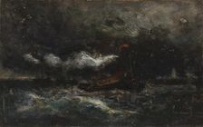 Squall, Brenton Light (boat in storm, lighthouse in background), n.d. Creator: Edward Mitchell Bannister