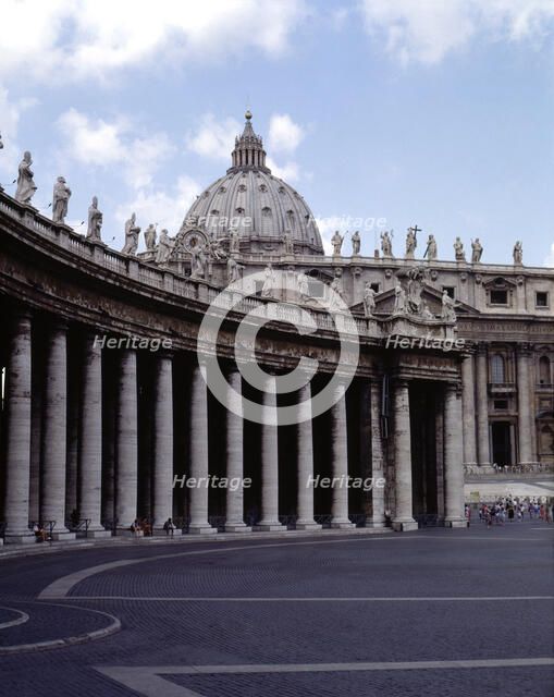 Square of San Pedro, detail of the colonnade designed by Bernini between 1655-1667, at back the B…