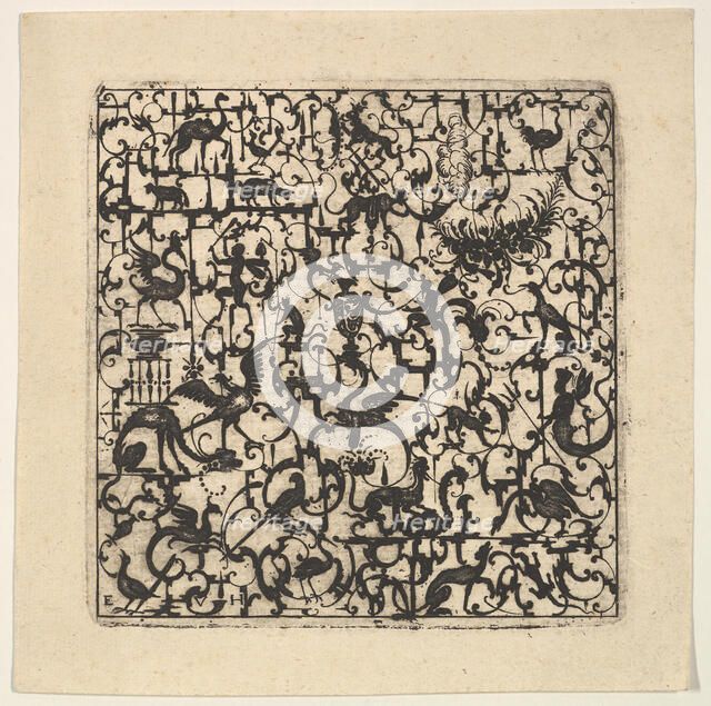 Square Blackwork Design in Silhouette Style with Schweifwerk and Grotesque Figures, 1617. Creator: Esaias von Hulsen.