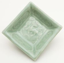 Square Dish with Symbols of Longevity and Immortality (Deer, Bats..., Yuan dynasty (1271-1368). Creator: Unknown