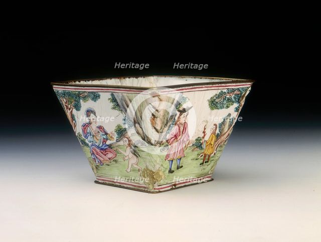 Square famille rose Canton enamel container, Qing dynasty, China, first half of 18th century. Creator: Unknown.