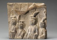 Square fragment: showing Buddhist procession, Northern Wei dynasty, early 6th century. Creator: Unknown