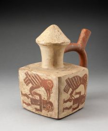 Square Handle Spout Vessel with Image of a Man Attacked by a Bird, 100 B.C./A.D. 500. Creator: Unknown
