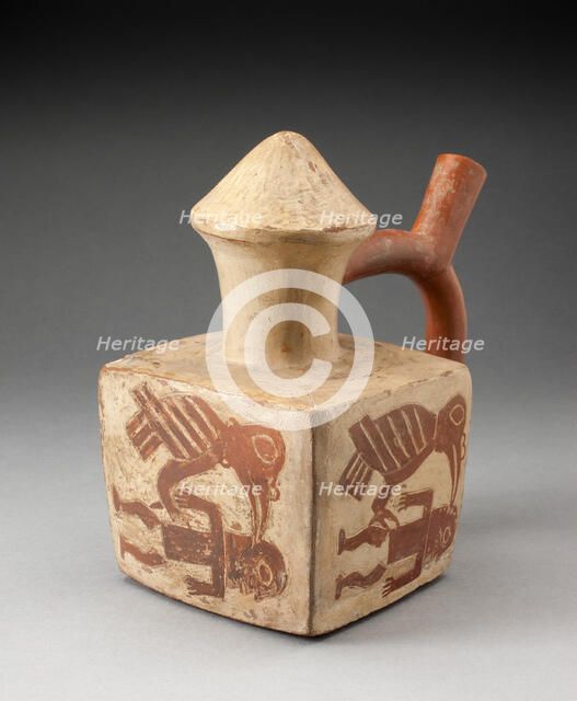 Square Handle Spout Vessel with Image of a Man Attacked by a Bird, 100 B.C./A.D. 500. Creator: Unknown.