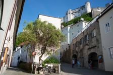 Square in front of the funicular that leads up to the Festung Hohensalzburg, Salzburg, Austria, 2022 Creator: Ethel Davies